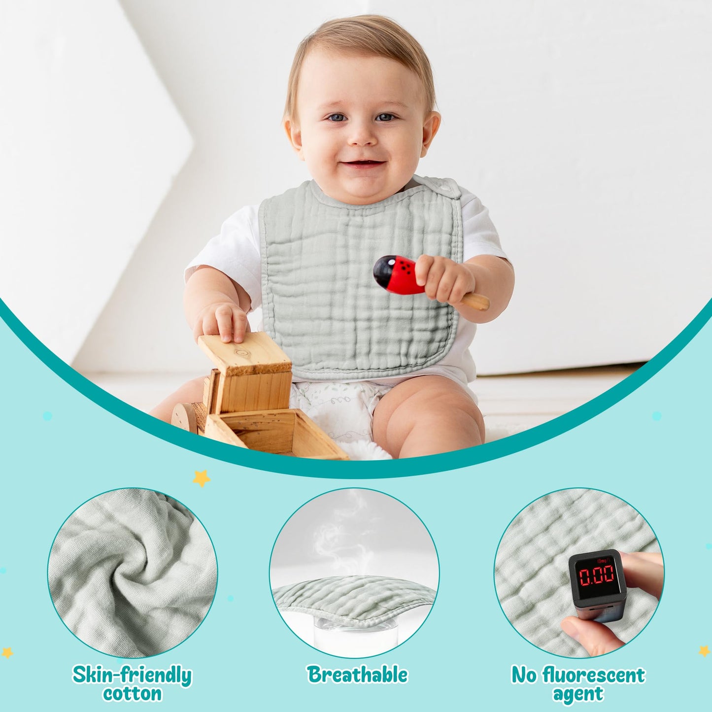 Zainpe 6Pcs Snap Muslin Cotton Baby Bibs Grey Infants Drooling Bib Soft & Absorbent Unisex Burp Cloths Adjustable Saliva Towels