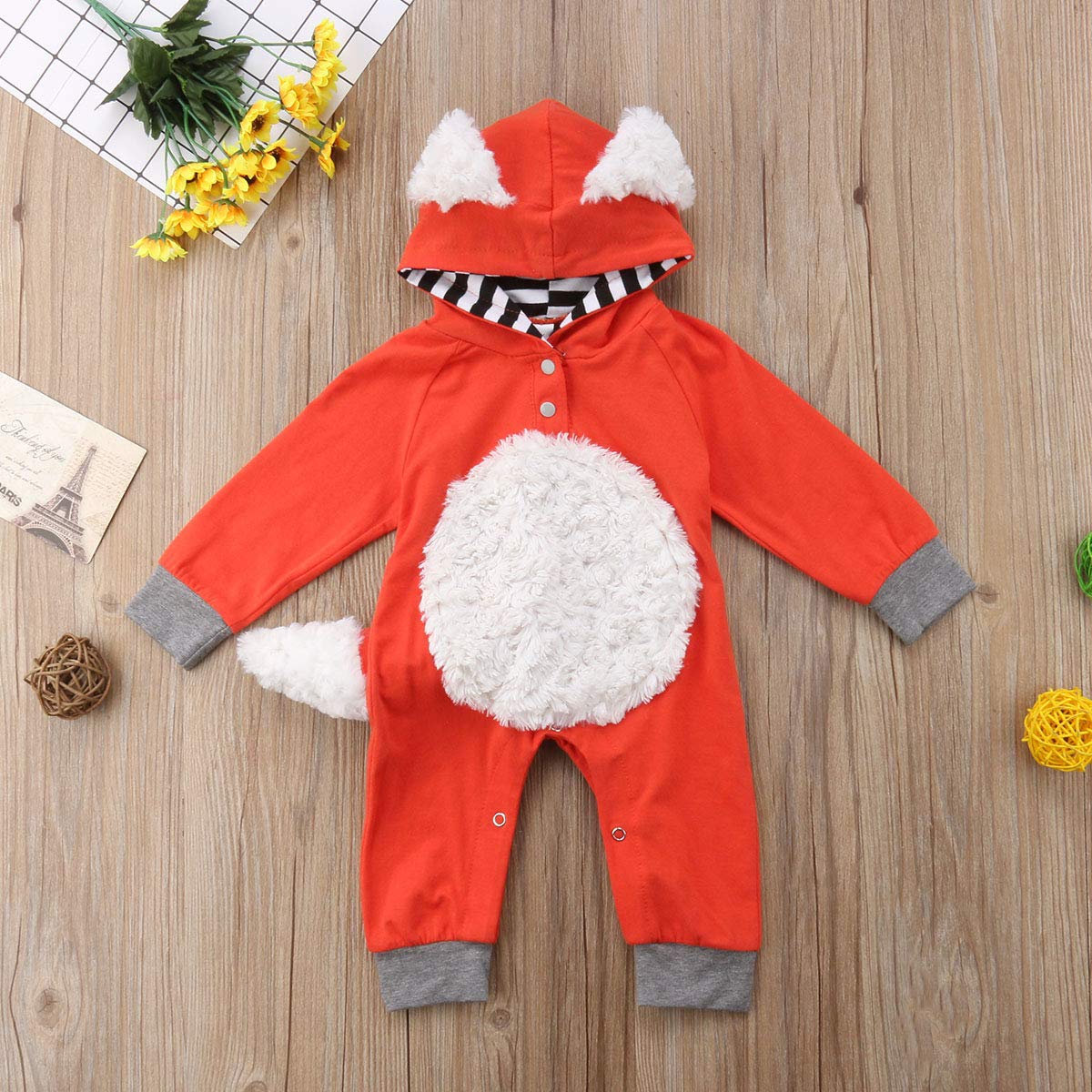 Newborn Baby Girl Boy Halloween Cosplay Cartoon Clothes Fox Coat Fur Bodysuit Jumpsuit Hooded Playsuit Romper Overall Outfit (Or