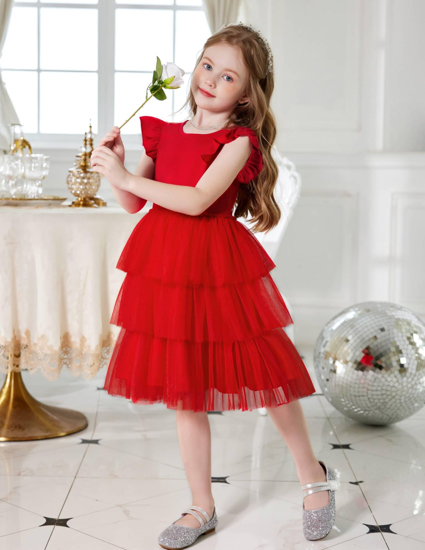 Arshiner Girl Dresses Toddler Flutter Tutu Dress Formal Red Valentine Christmas Birthday Party Sundress 4-5 Years