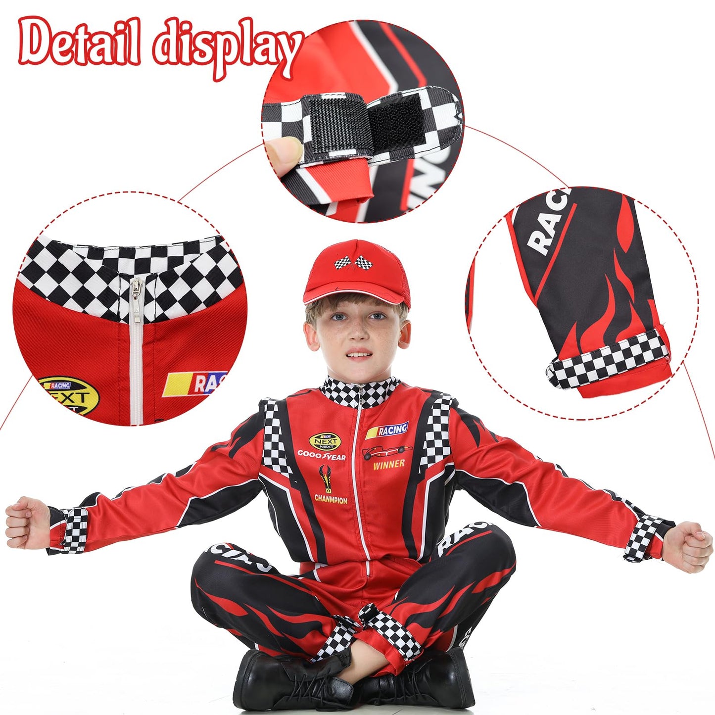 Treyrea Race Car Driver Costume Boys Racer Jumpsuit With Car Cap Kids Dress Up For Halloween (Red And Black, Xl(For Height 57'-