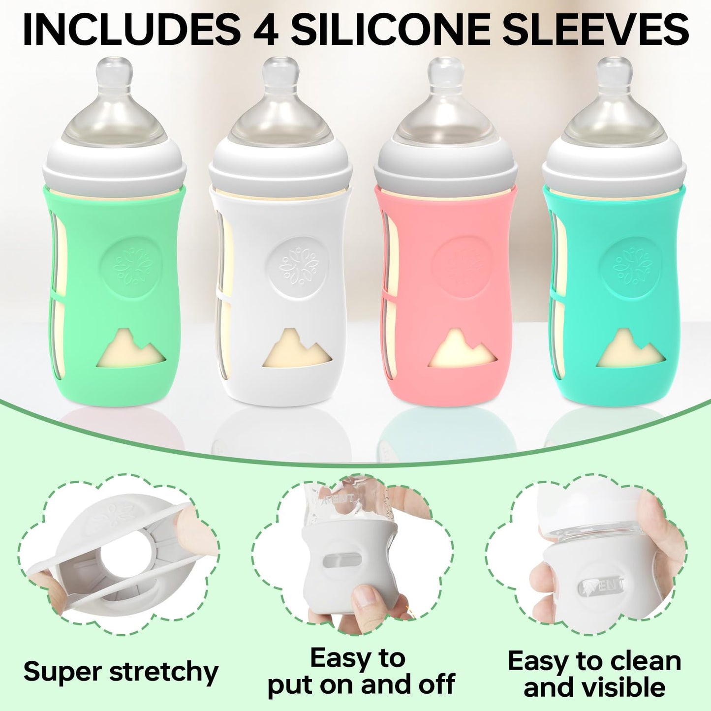 Mumianshu 4 Pack Silicone Sleeves For Philips Avent Glass Baby Bottle 8 Oz, Babies Bottles Covers, Shatter Proof, Food Grade, Bp