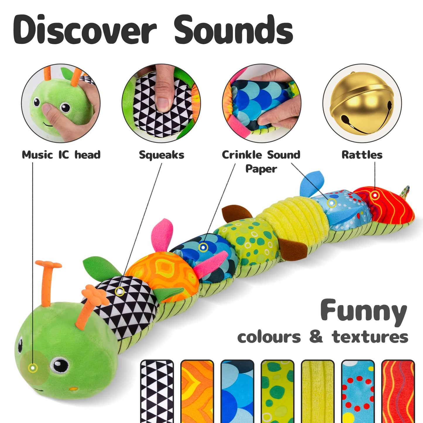 Sumobaby Infant Baby Musical Stuffed Animal Activity Soft Toys with Multi-Sensory Crinkle, Rattle and Textures, for Tummy Time N
