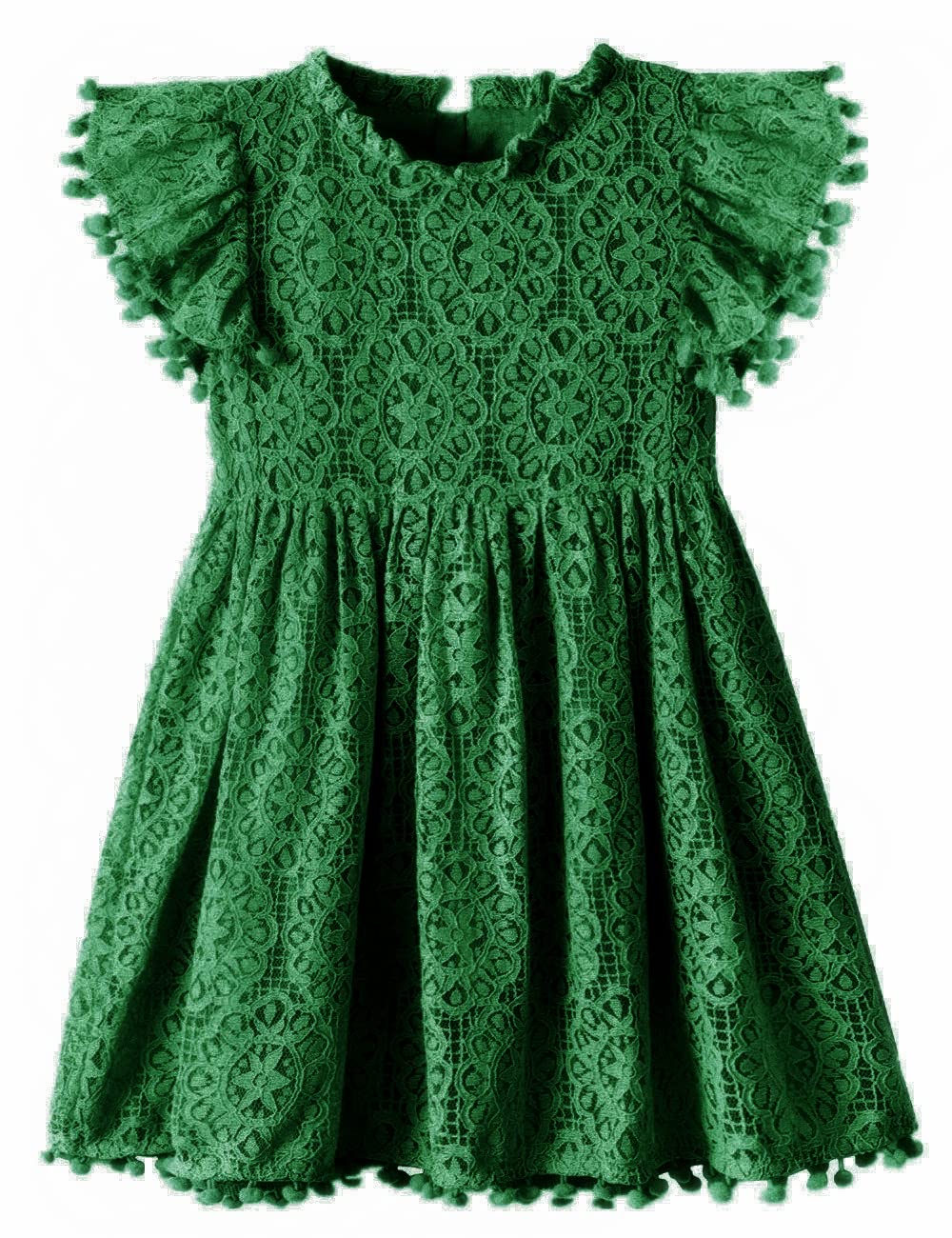 2Bunnies Girl Baby Toddler Vintage Lace Pom Pom Flutter Sleeve Easter Birthday Outfit Dress (Green, 12M)