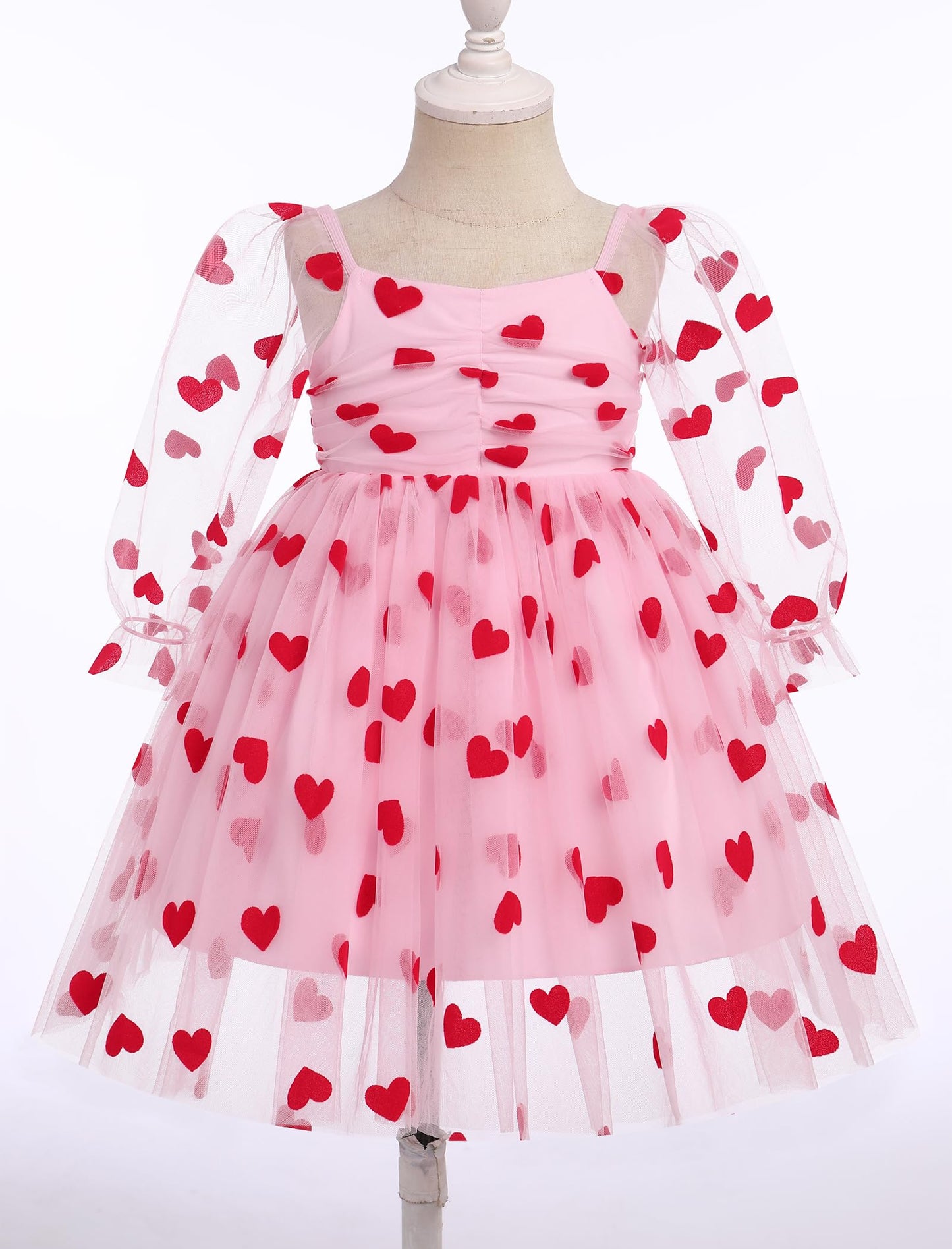 Ibtom Castle Valentines Day Outfit For Baby Girls Mesh Long Sleeve Red Hearts Tulle Tutu Dress Infant First Birthday Flower Girl