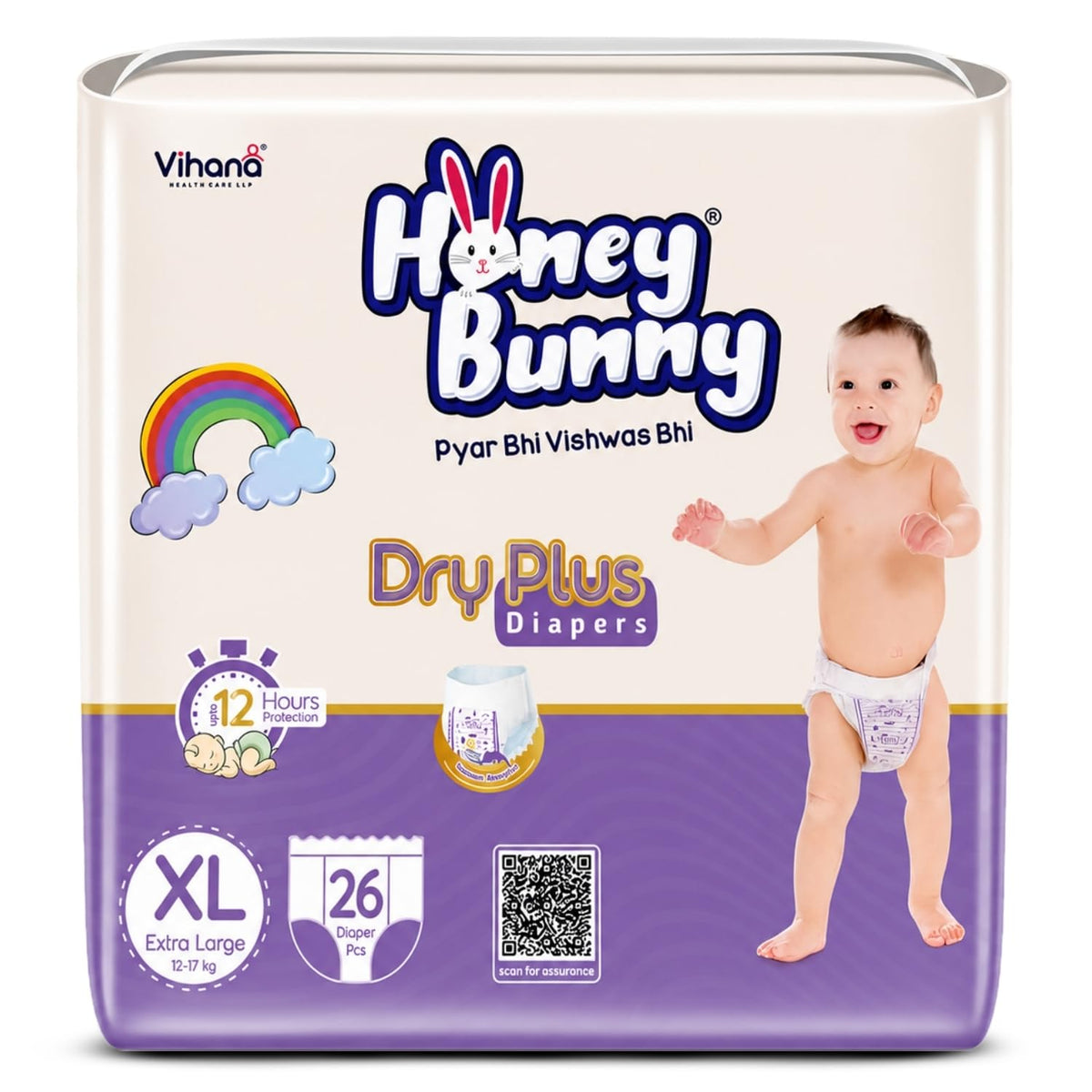 Honey Bunny Baby Diaper Pants | Dry Plus Protection With 360 Soft Elastic Waistband | Upto 12 Hours Protection | Extra Large (12