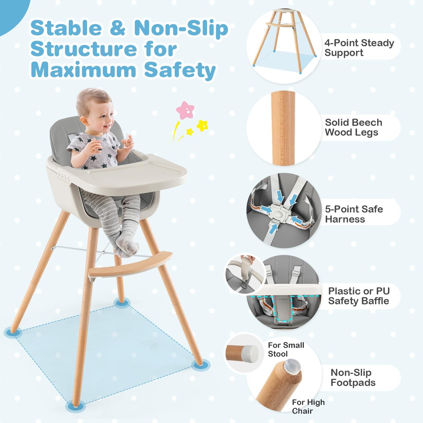 Honey Joy High Chair, 3-In-1 Eat & Grow Wooden Highchair/Toddler Chair With Removable Tray, 5-Point Harness, Pu Cushion And Foot