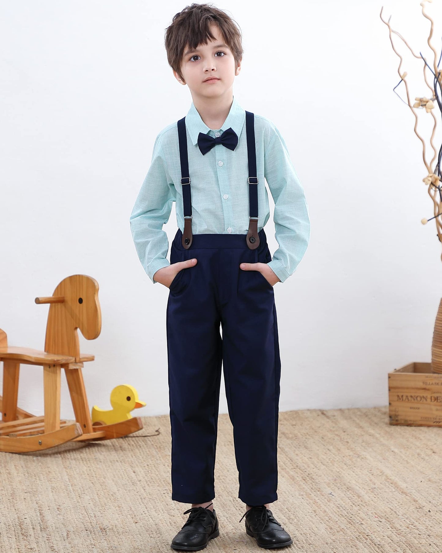 Baby Boy 'S Formal Outfit, Button Down Stripes Dress Shirt With Bow Tie + Suspender Pants Set For Toddlers Baby & Little Boys, 2