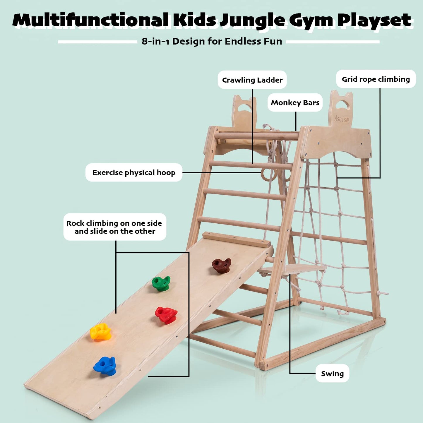 Ascism Jungle Gym Indoor (8 In 1) Wooden Indoor Playground, Toddler Wooden Climbing Toys, Montessori Playset, Gym With Slide, Cl