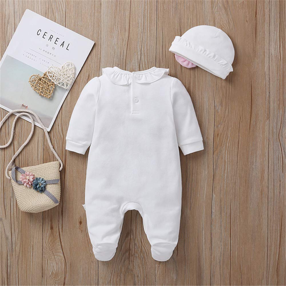 Infant Baby Girl Ruffled Cotton Footies Footed Overall Romper With Hat Toddler Baby Footed Jumpsuit (White, 3-6M)