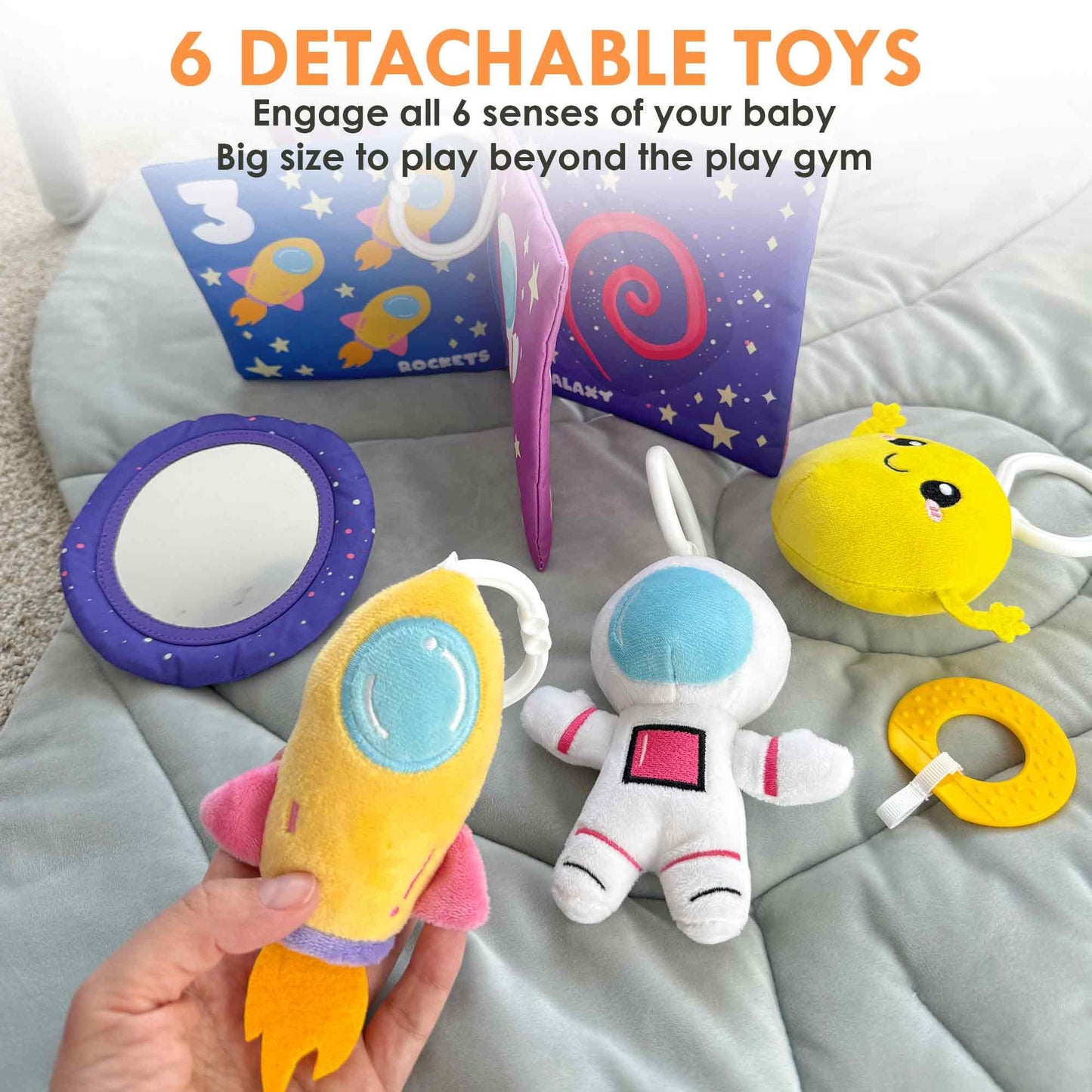 Quokka Baby Play Gym Xl - Rocket-Shaped Baby Play Mat With 6 Large Sensory Toys - Tummy Time Mat For Infant Development - Machin