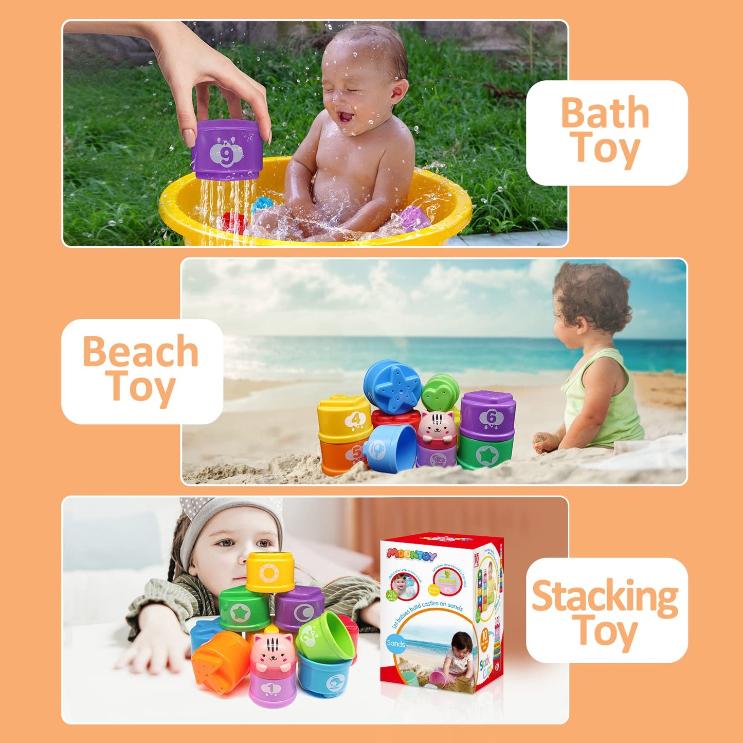 MOONTOY Stacking Cups Baby Toys 6 10 12 18 Months, Montessori Toys for 1 Year Old Toddler Learning Toys with Numbers Shapes Patt