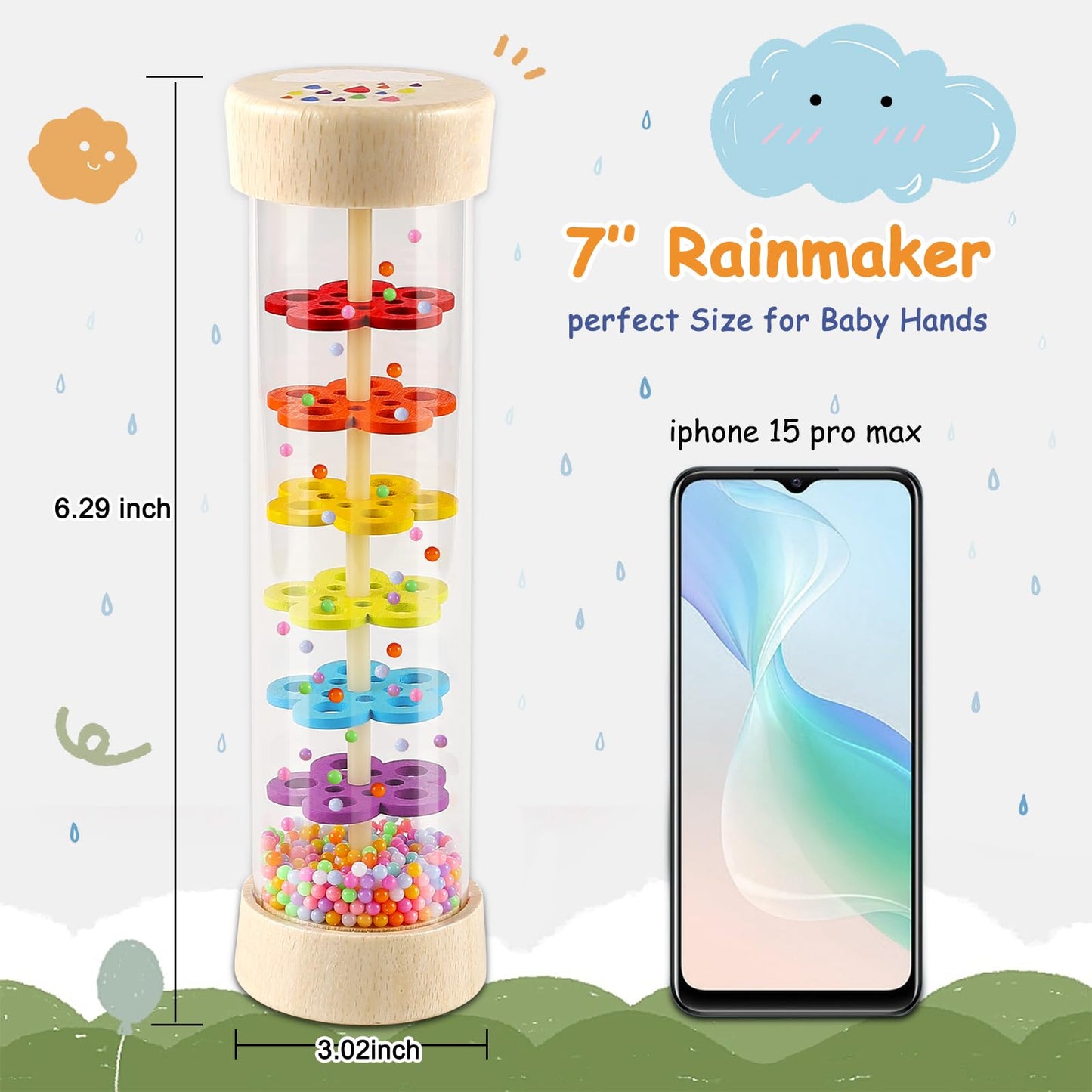 LOOIKOOS Rainmaker - 7 inch Wooden Rain Stick Montessori Toys for Babies 6-12 Months,Baby Rattle Shaker Sensory Developmental To