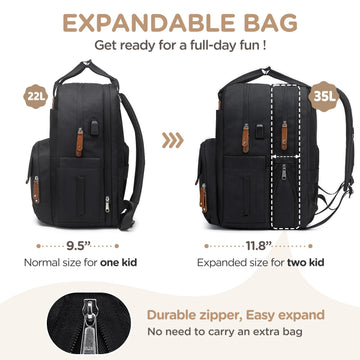 Qualyphant Extra Large Diaper Bag Backpack For Two Kids, Expandable 35L Baby Bags For Mom Girl Boy Dad Toddler, Big Travel Diape