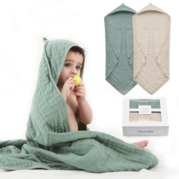 FAVERDIIY Hooded Baby Towels for Newborn, 35x35 Inch 2 Pack 100% Muslin Cotton Baby Bath Towel, Soft Baby Beach Towels with Hood