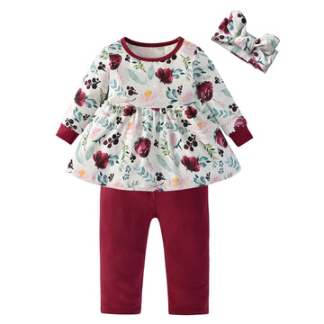 3Pcs Baby Girl Clothes Ruffle Floral Shirt Tops Pants Headband Outfit Sets (Wine Red, 9-12 Months)