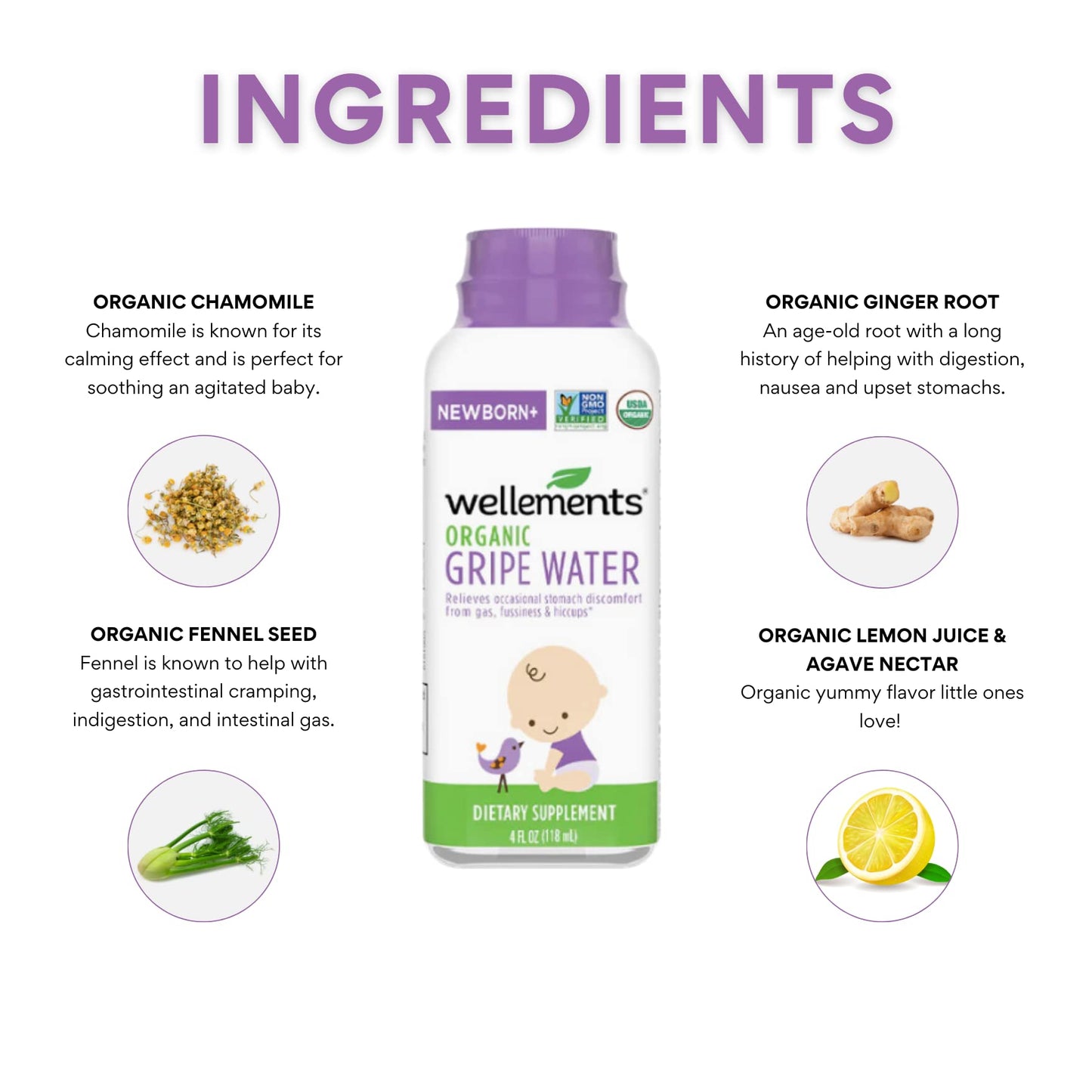 Wellements Organic Gripe Water | Relieves Occasional Stomach Discomfort From Baby Gas, Colic, Hiccups And Fussiness | Certified