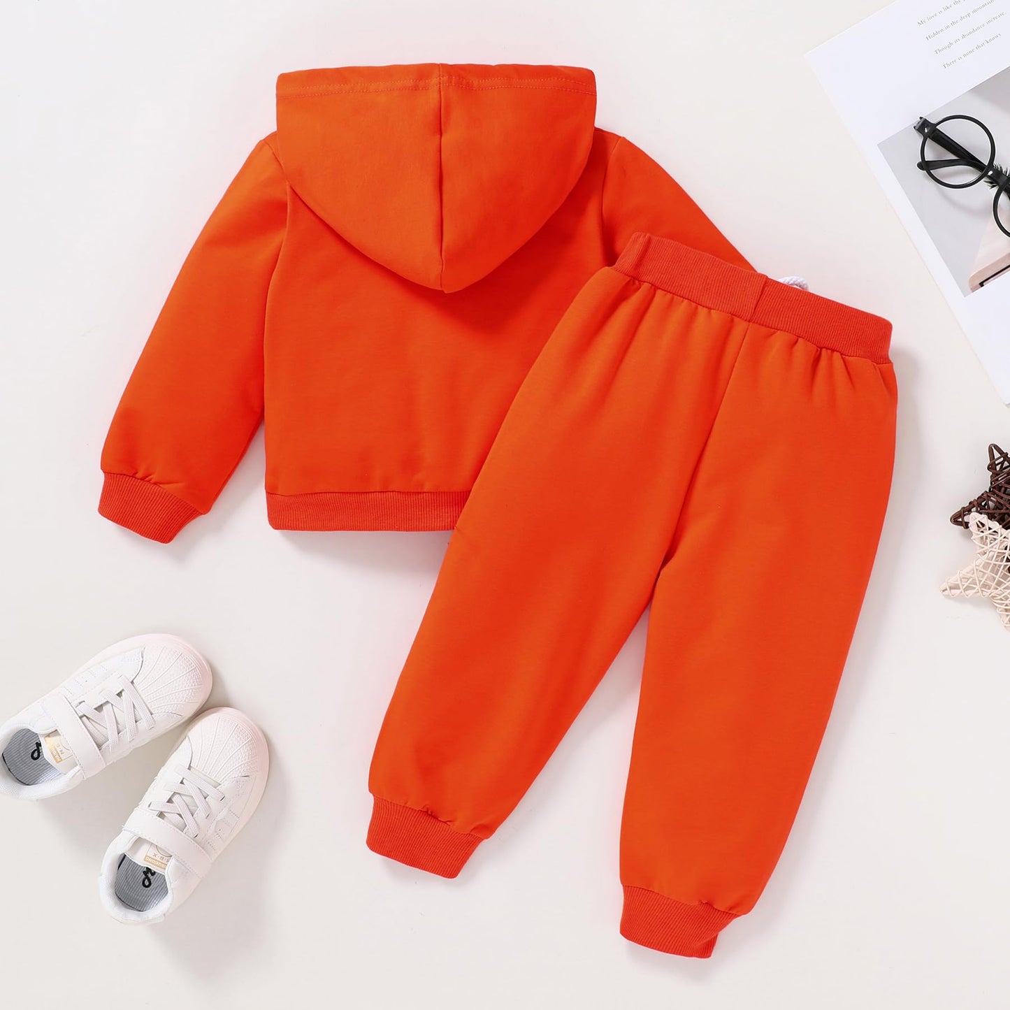 Happy Town Toddler Fall Outfits For Girl Boy Long Sleeve Hoodie Top And Long Sweatpants Set Toddler Sweatsuit (Solid Color-Orang