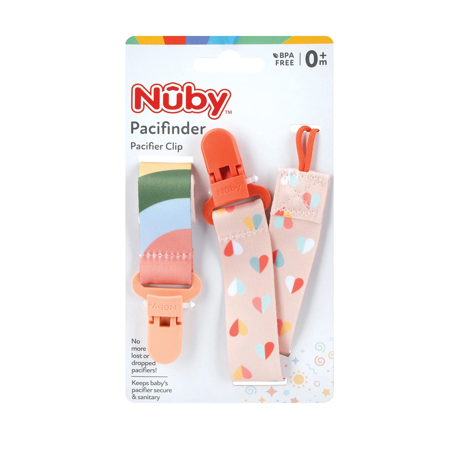 Nuby Pacifinder Baby Pacifier Clip - (2-Pack) - Pacifier Holder Clip with Convenient Hook Loop - Peach Stripes and Hearts