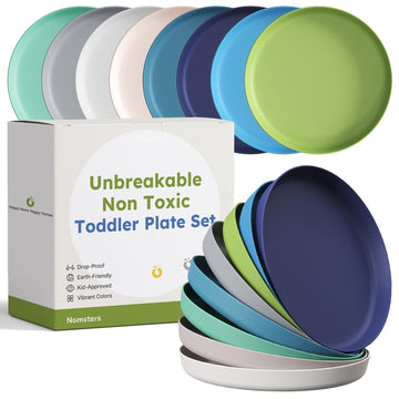 Nomsters Unbreakable Toddler Plates for Kids Baby Set of 8, 7.8 Ceramic-like Kids Dinnerware Set Baby Plates Dishwasher and Micr