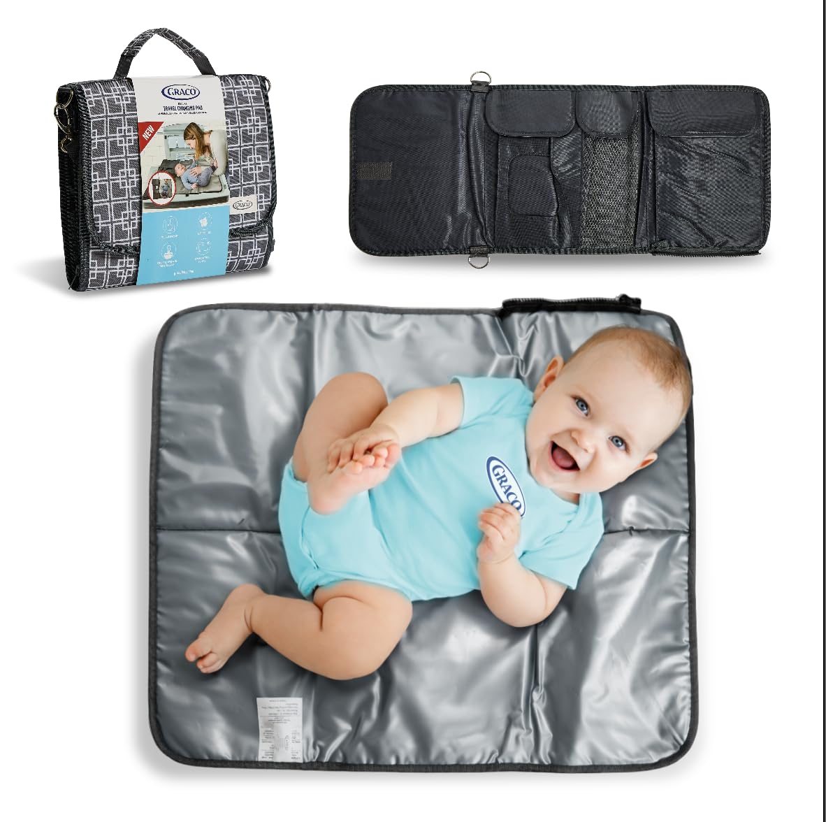 Graco Portable Baby Diaper Changing Table Pad Bag with Wipe & Travel Essentials Pockets - Deluxe Compact Clean Padded Infant Cha