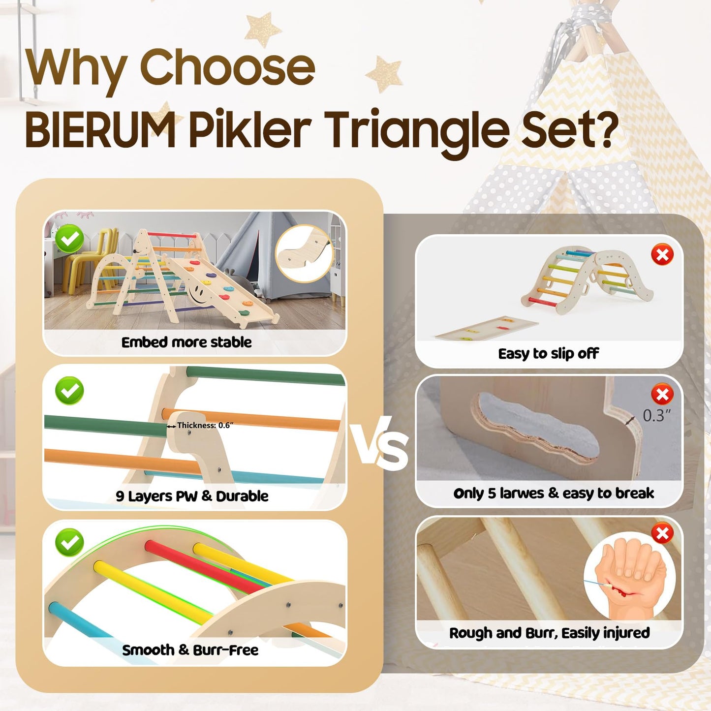 Bierum Pikler Triangle Set 8 In 1, Wooden Toddler Climbing Toys Indoor, Foldable Pickler Climbing Set With Ramp For Sliding Or C