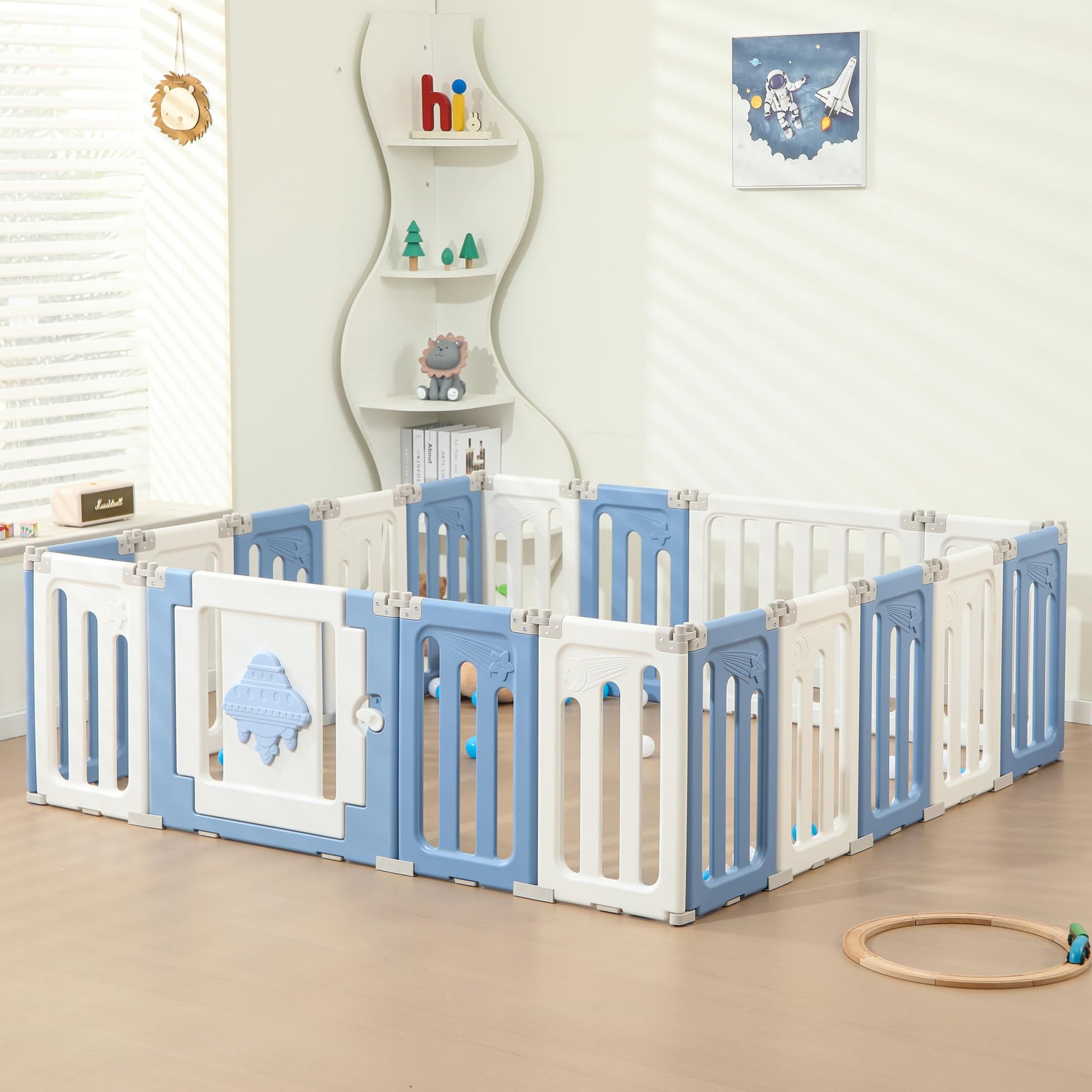 Baby Play Pen - 18 Panels Extra Large Playpen For Toddlers, Foldable Ufo, Adjustable Yard, Portable Fence - Blue