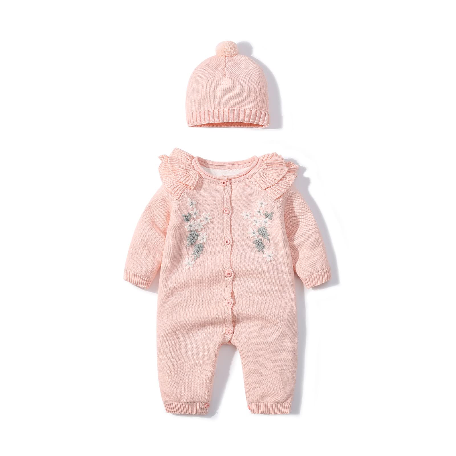 Iadoer Baby Girl Ruffle Rompe Knitted Sweaterr Little Sister Newborn Outfit Longsleeve Outfit With Kids Winter Warm Hats Set(0-3