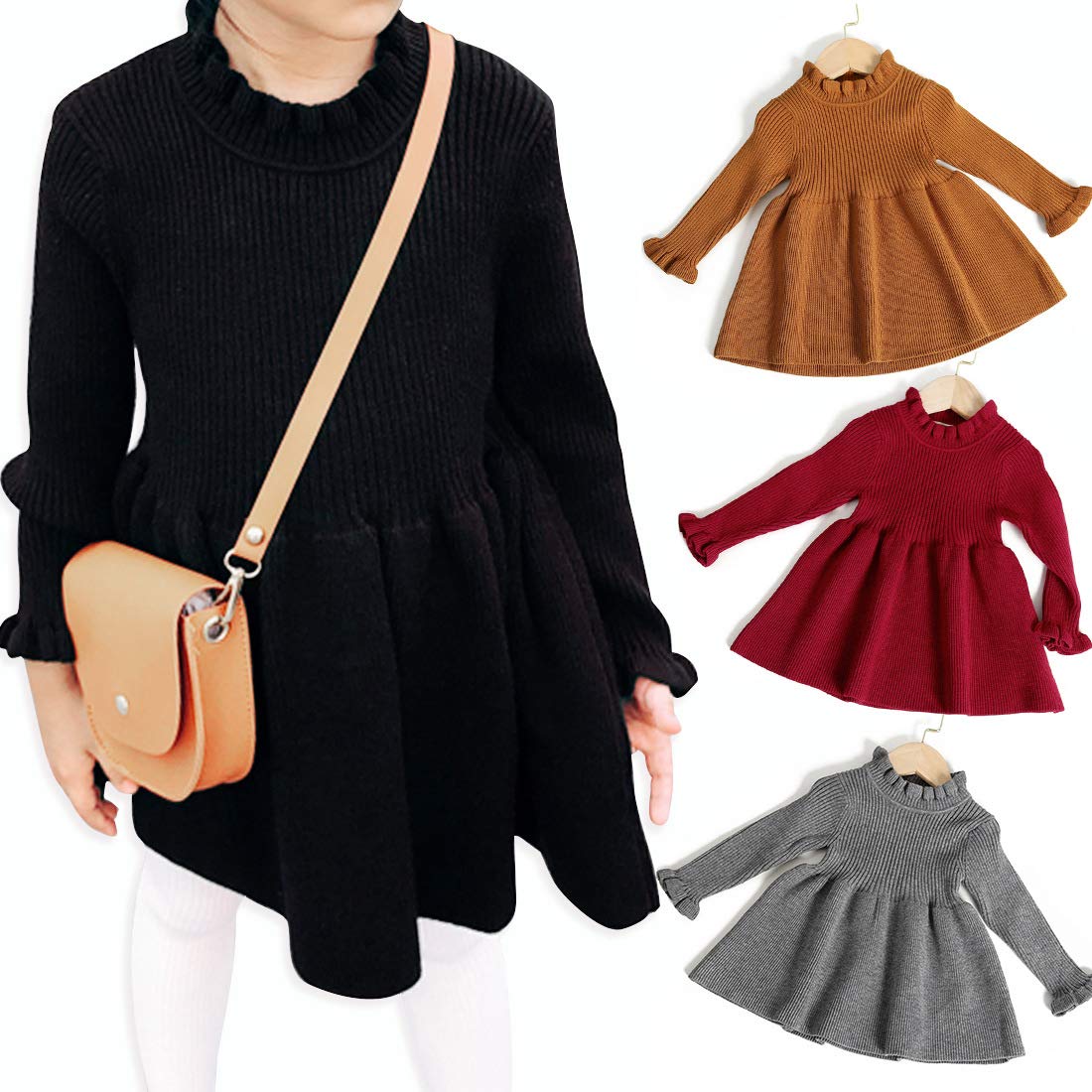 Simplee Kids Little Girls' Long Sleeve Girl Dresses And Rompers Ribbed Knit Sweater Dress Black For 2T