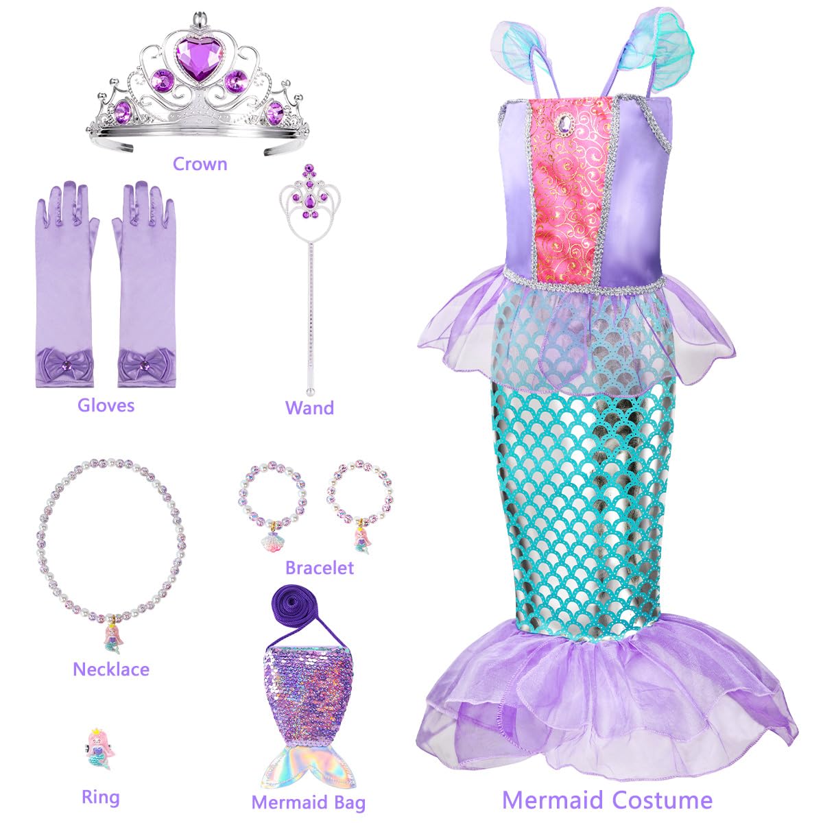 Meland Mermaid Dress For Girls - Little Mermaid Costume For Girls With Bag Princess Dresses For Girls 3-8 Birthday Gift