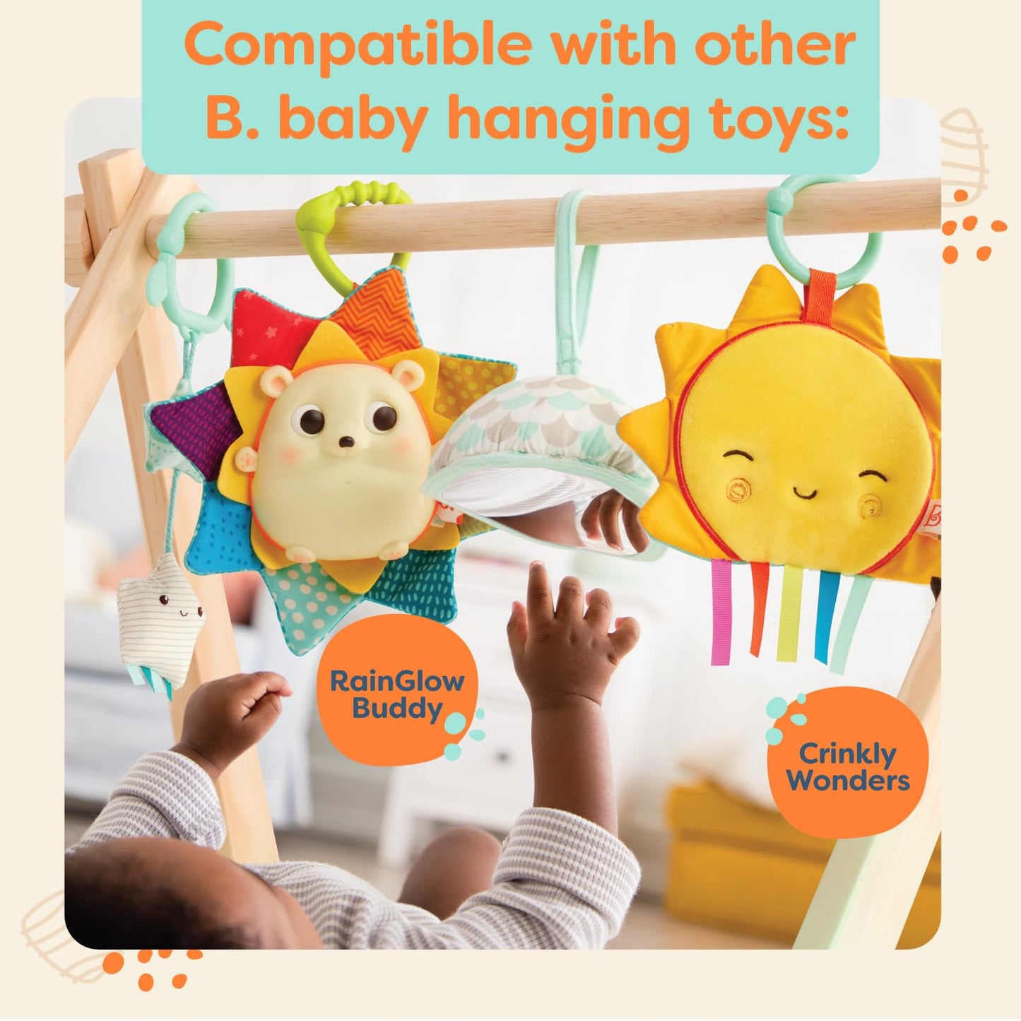 B. Toys- B. Baby- Wooden Baby Play Gym - Activity Mat - Starry Sky - 3 Hanging Sensory Toys - Natural Wood - Babies, Infants