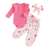Rtnnsbbfcm Newborn Baby Girl Valentine'S Day Outfit Long Sleeve Ribbed Romper Heart Print Pants Headband 3Pcs Set (Pink, 0-3 Mon