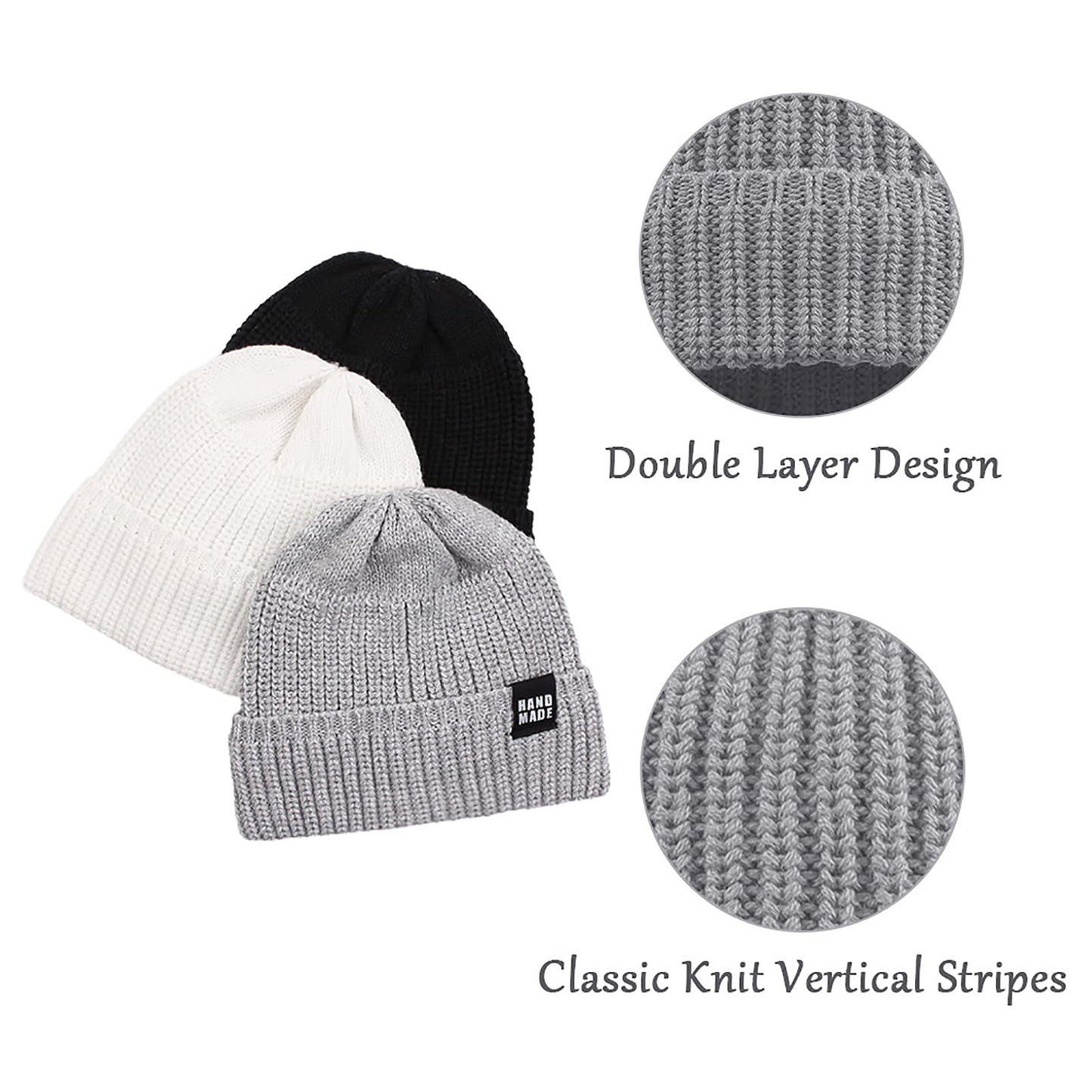 Simple Knitted Baby Beanie Hip-Hop Boys Winter Hat Toddler Kids Bonnet For Girls 0-5Y (Black+Light Gray+White,M)