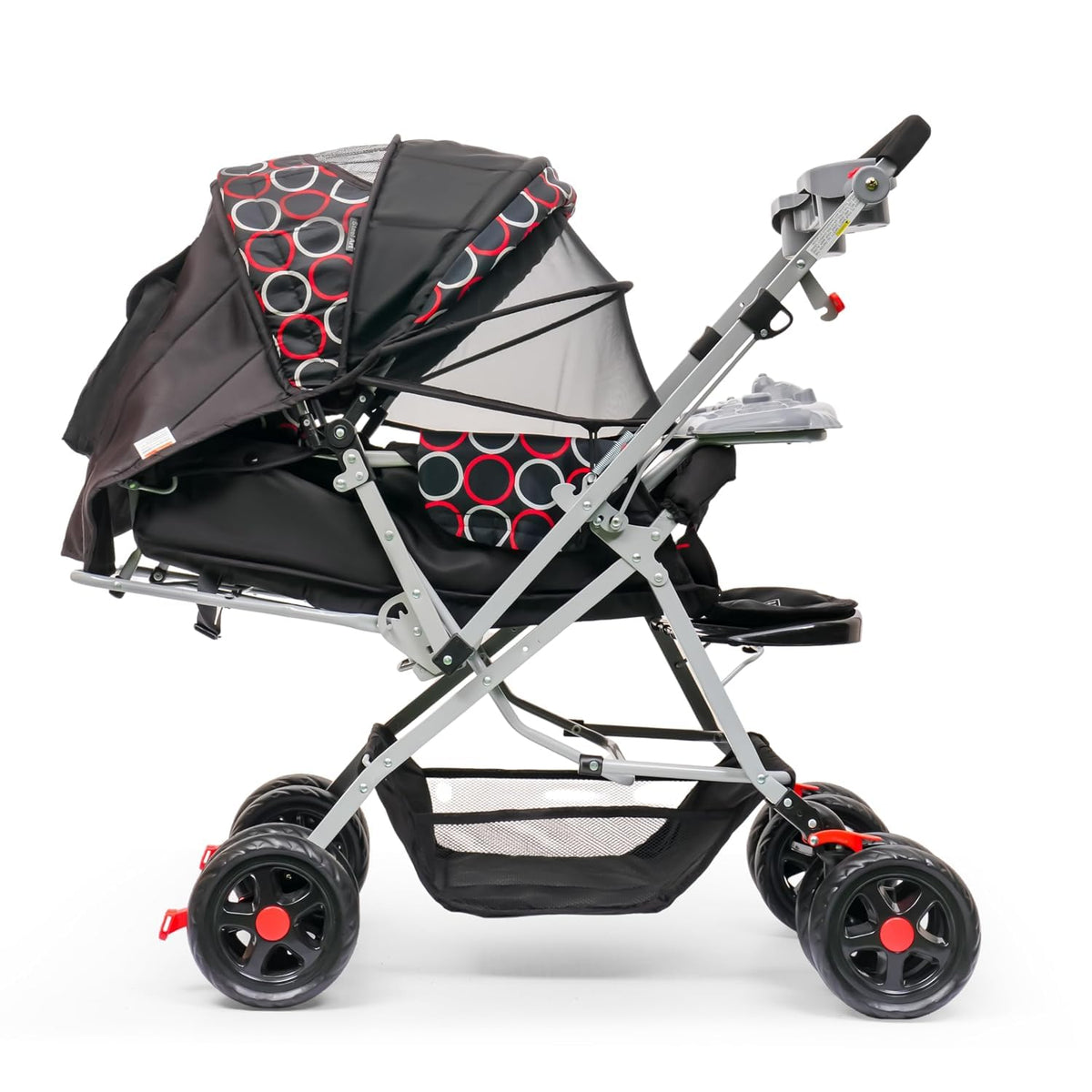 Baby Stroller with Canopy, Foldable Pram, Black & Red Circle Print, Tray, Storage Basket
