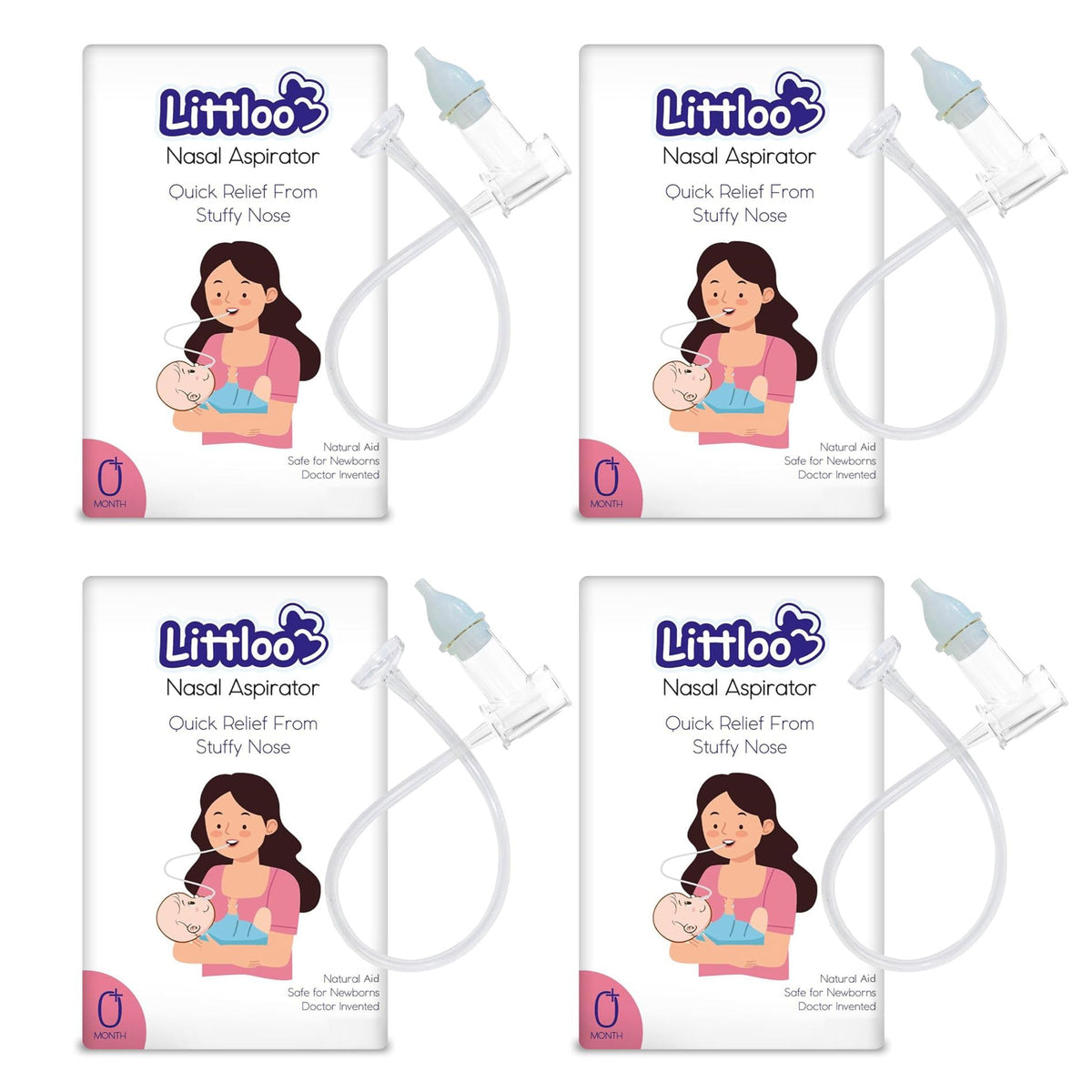 Littloo Nasal Aspirator For Babies | Effective And Safe Congestion Relief With Snotscuker Mechanism | Pack Of 4