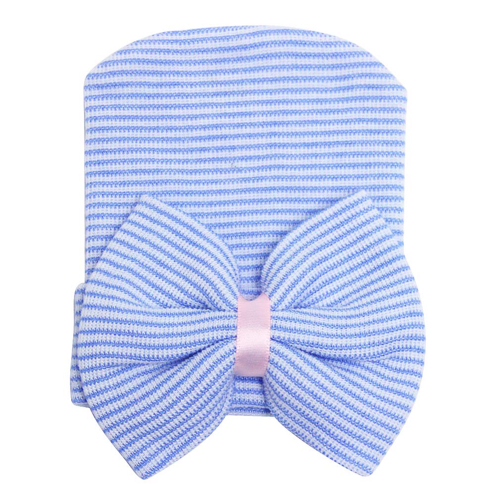 Zando Newborn Hospital Hat Toddler Beanie Baby Boy Girl Knot Headbands With Big Bows Infant Baby Nursery Caps White & Blue & Pin