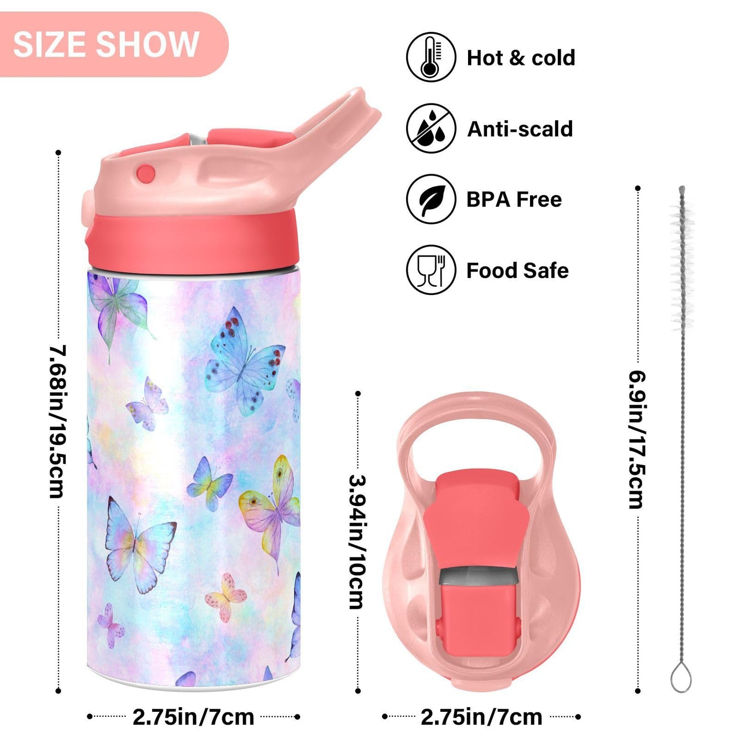 Butterfly Girls Water Bottle With Straw And Carry Handle Rainbow Cute Animals Vacuum Insulated Stainless Steel Bottles Leak-Proo