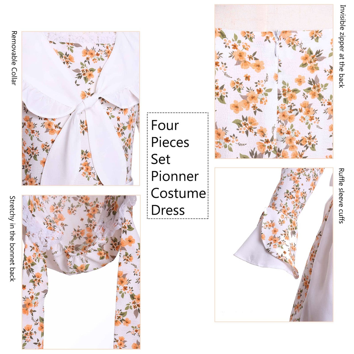 Vibsion Girls Prairie Pioneer Costume Pilgrim Dress Kids Floral Colonial Village Girl Costume Bonnet Apron Set Halloween