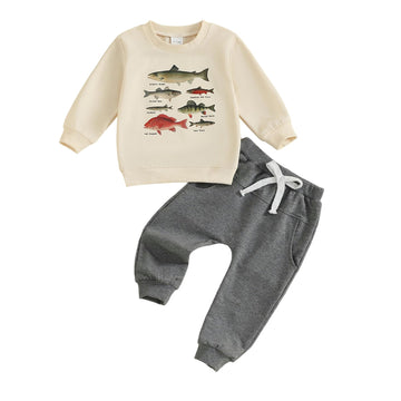 Fernvia Toddler Baby Boy Fall Clothes Animal Print Long Sleeve Pullover Tops + Drawstring Pants Winter Outfits (C-Fish grey, 4-5