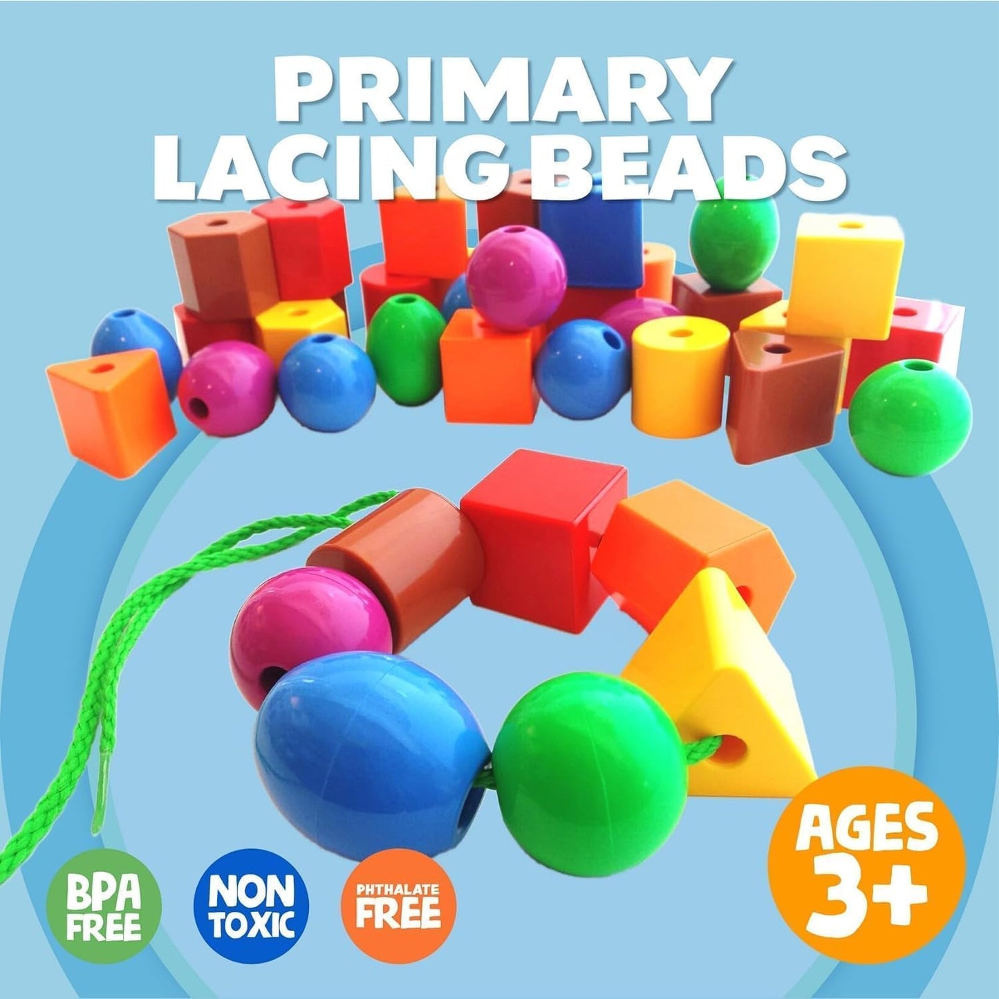 Skoolzy 46 Pcs Lacing Beads - Large Beads for Preschool Learning Activities, Sensory Toys for Toddlers 3-4, Autism Toys for Todd