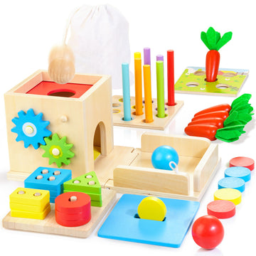 Kizfarm Wooden Montessori Baby Toys, 8-in-1 Wooden Play Kit Includes Object Permanent Box, Coin Box, Carrot Harvest, Shape Sorti