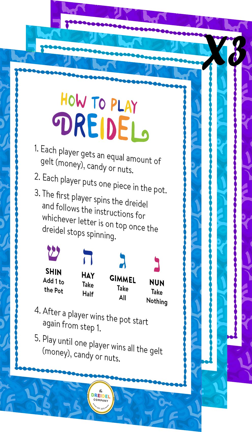 The Dreidel Company Hanukkah Metallic Multi-Colored Draydels With English Translation, Spinning Tops Includes Game Instruction C