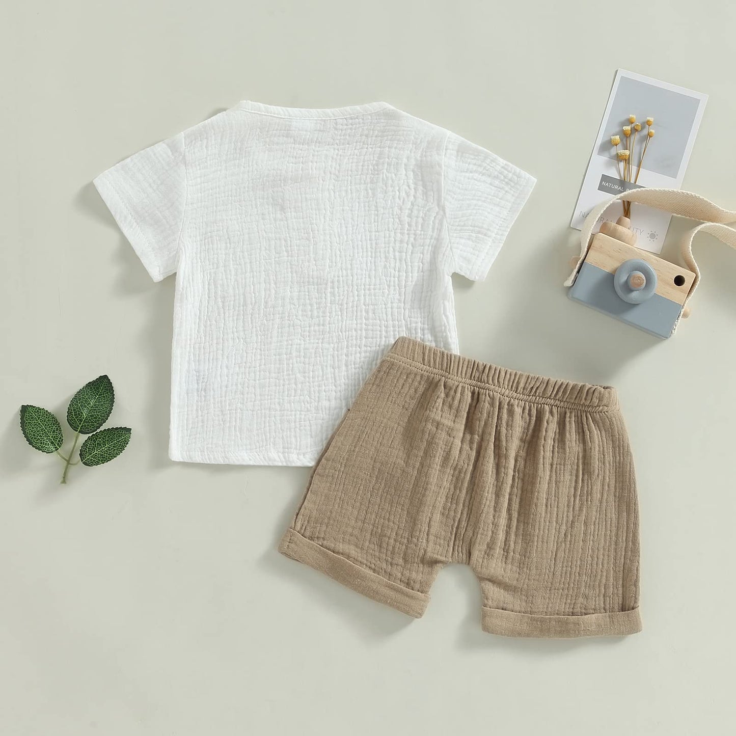 Fhutpw Baby Boys 2Pcs Summer Outfits Short Sleeve T-Shirt Tops Elastic Waistband Shorts Set Toddler Clothes (Linen White + Light