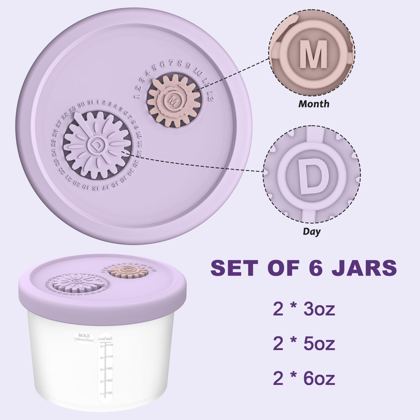 Btrfe Reusable Silicone Baby Food Containers With Date-Tracking Lids | 6-Pack Shatterproof, Freezer & Dishwasher Safe | 3 Sizes