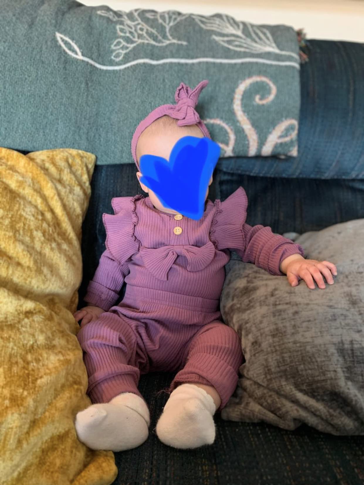 Kulcerry Newborn Infant Baby Girl Clothes Solid Color Bow Ribbed Long Sleeve Romper Pants Headband Outfits Set (Purple,Newborn)