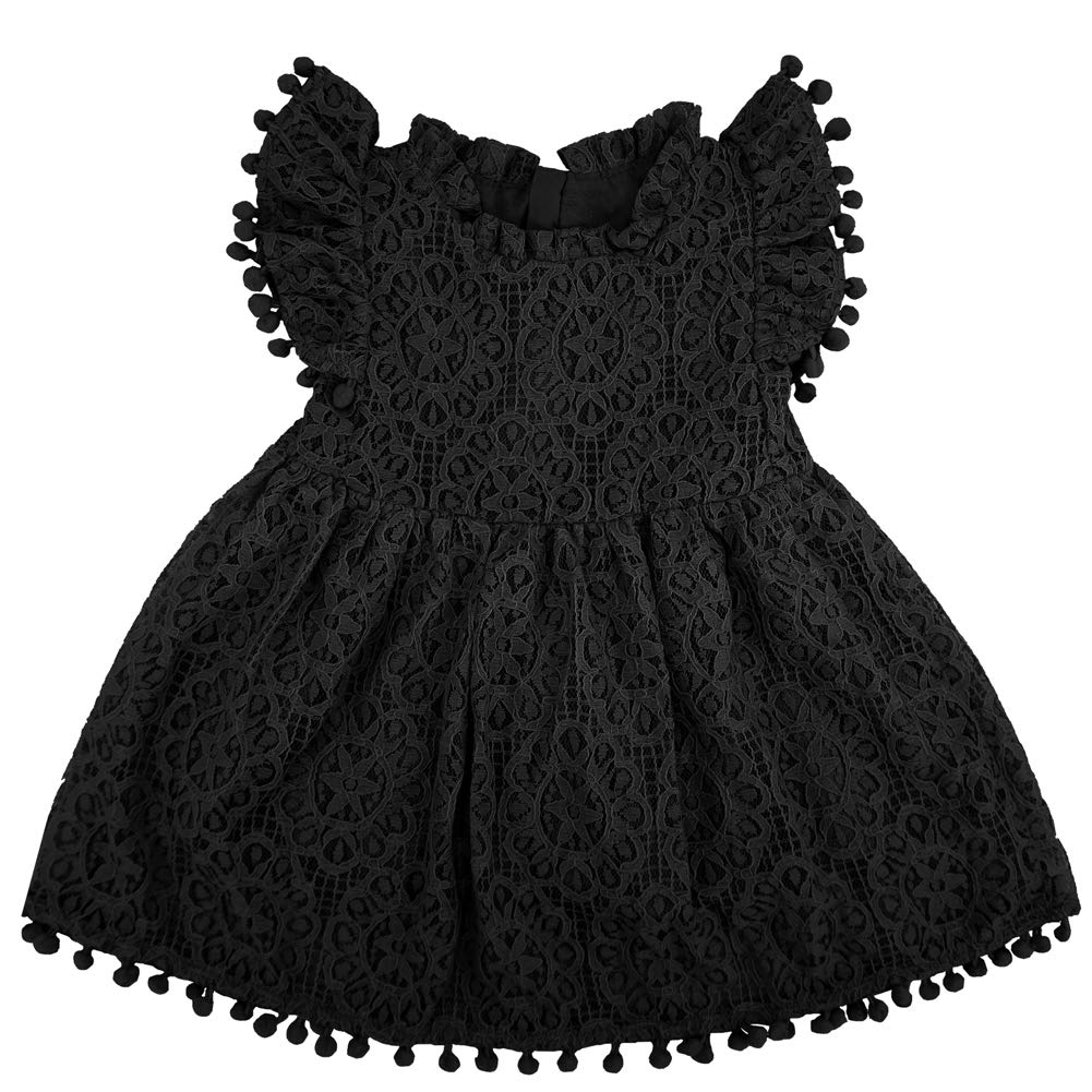 Bgfks Baby Girl Tutu Dress Elegant Lace Pom Pom Flutter Sleeve With Flower Headband Set(Black,18 Months)