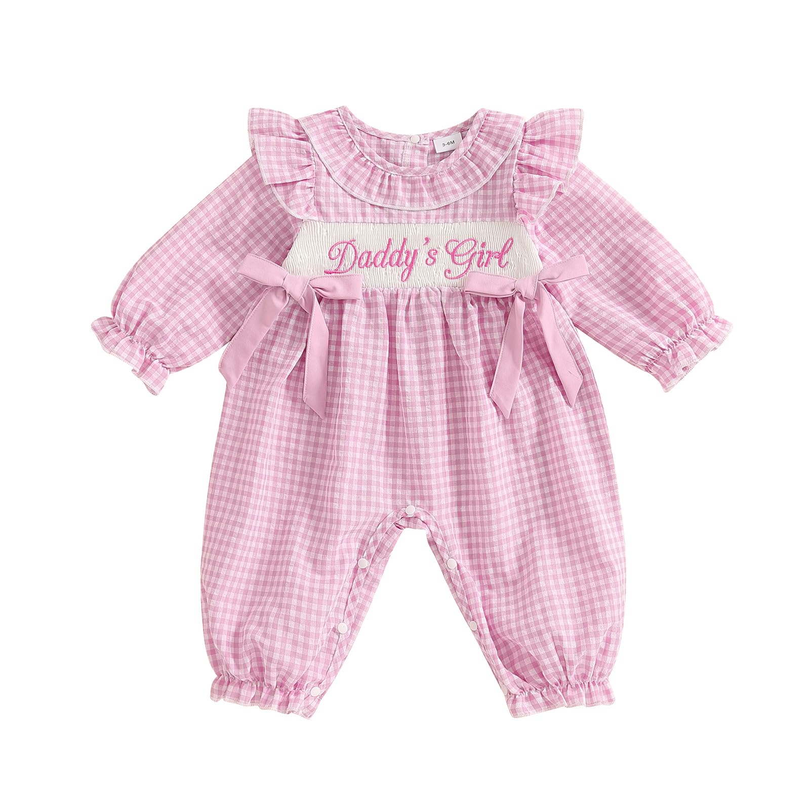 Seyurigaoka Newborn Smocked Baby Girl Clothes Bow Gingham Long Sleeve Jumpsuit Peter Pan Collar Shirt Romper (Daddys Girl, 6-12