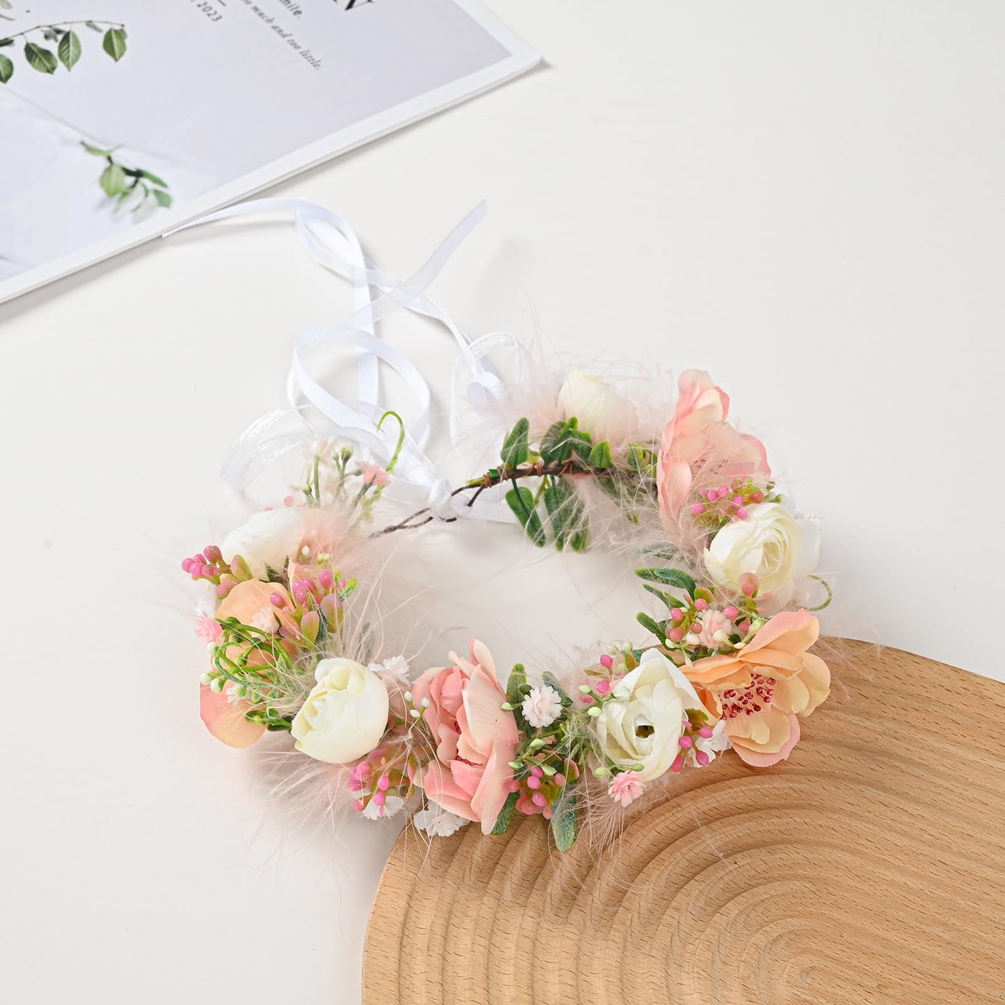 Funsveta Baby Girls Flower Crown Flower Girl Headpiece Boho Little Wreaths For Weddings, Family Photography (Burgundy Pink)