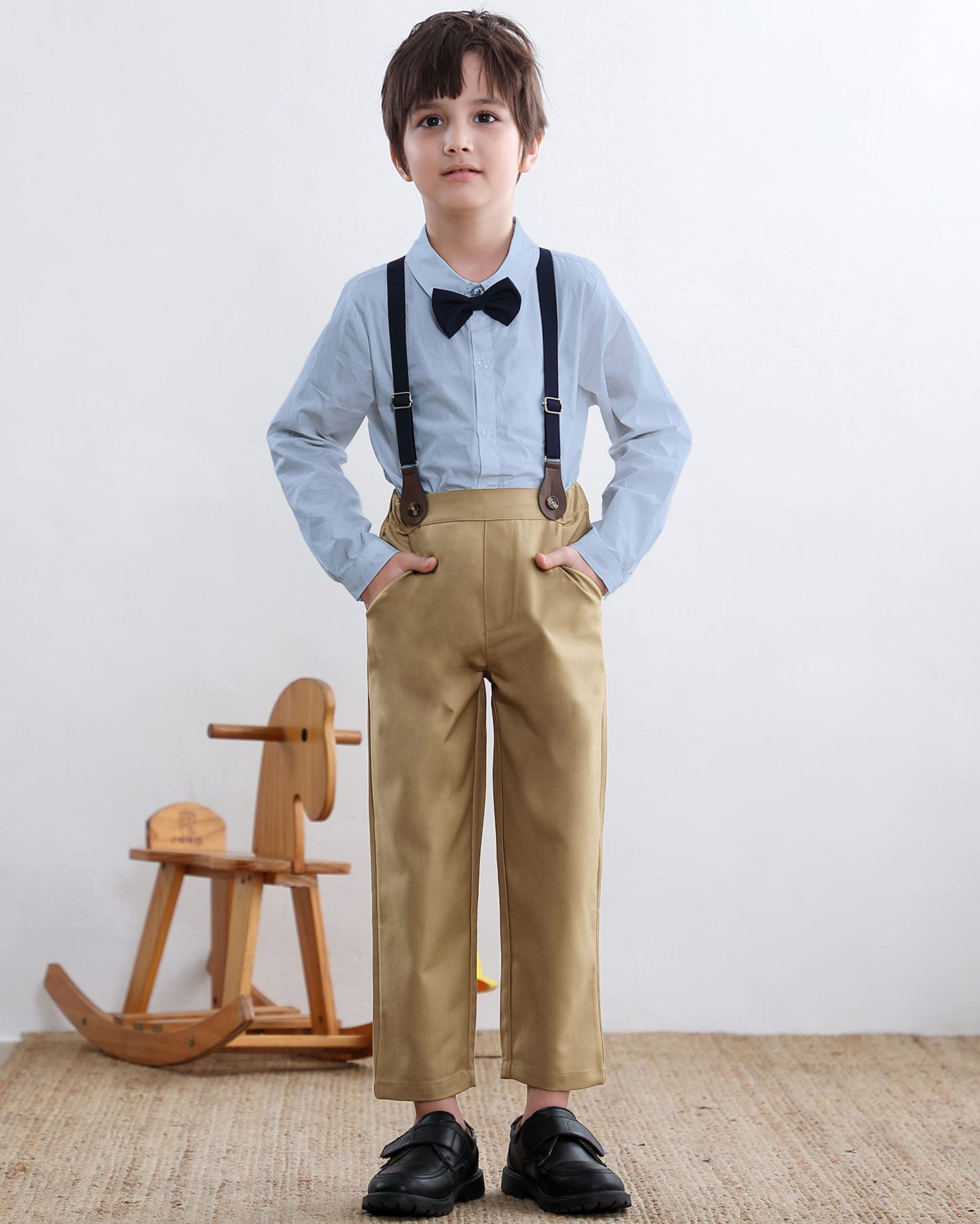 Baby Boys Clothes, Long Sleeves Dress Shirt And Suspender Khaki Pants Set Tuxedo Gentlemen Outfit With Bow Tie For Newborn Toddl