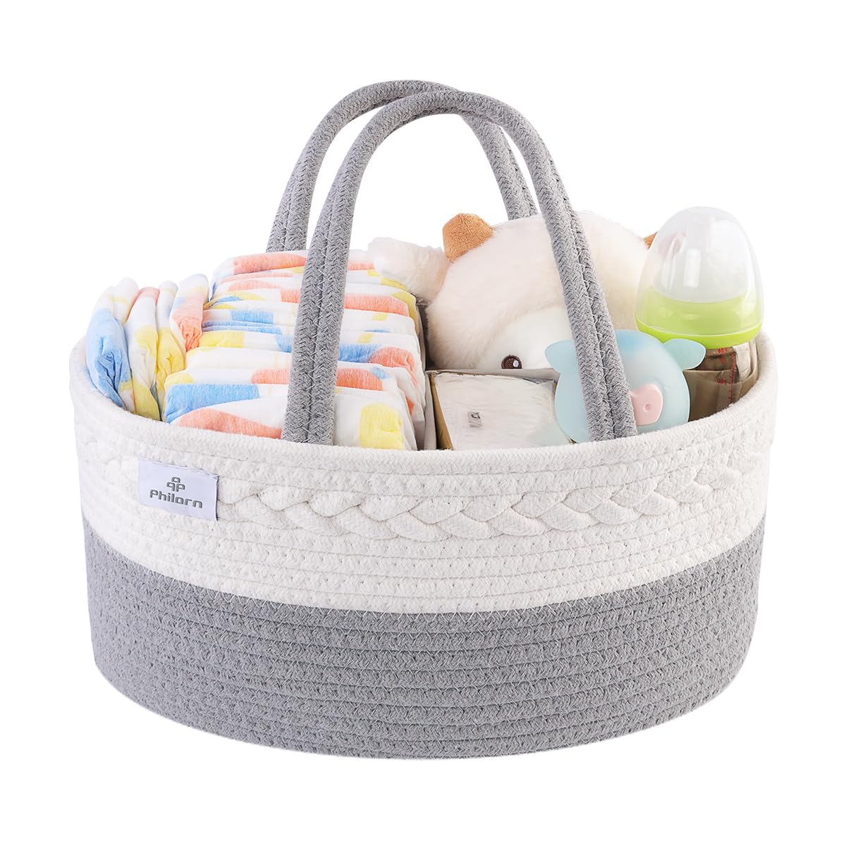 Philorn Diaper Caddy Organizer, Cotton Rope Diaper Caddy Basket, Woven Diaper Caddy With Dividers, Nursery Storage Basket For Ch