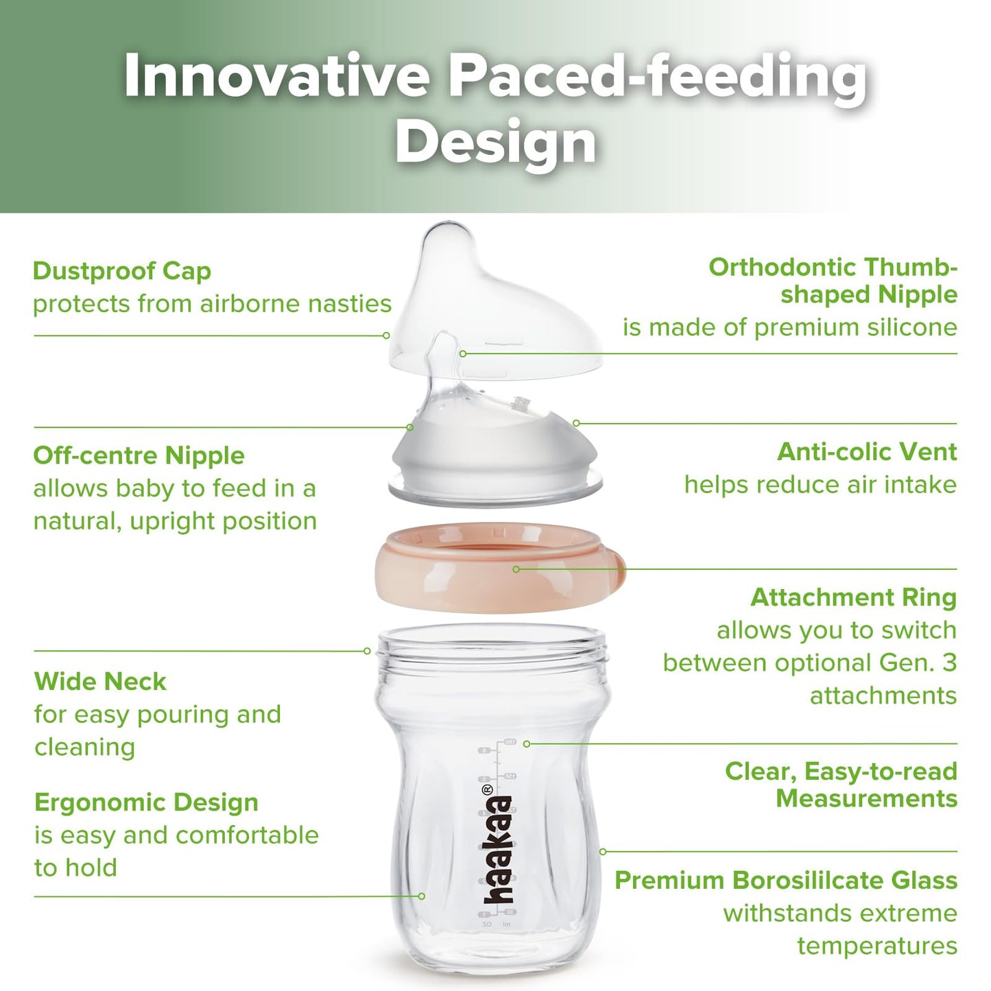 Haakaa Gen.3 Natural Glass Baby Bottle Wide Neck Anti-Colic Variable Flow Nipple - Easy To Clean & Latch For 6M+ Breastfed Babie